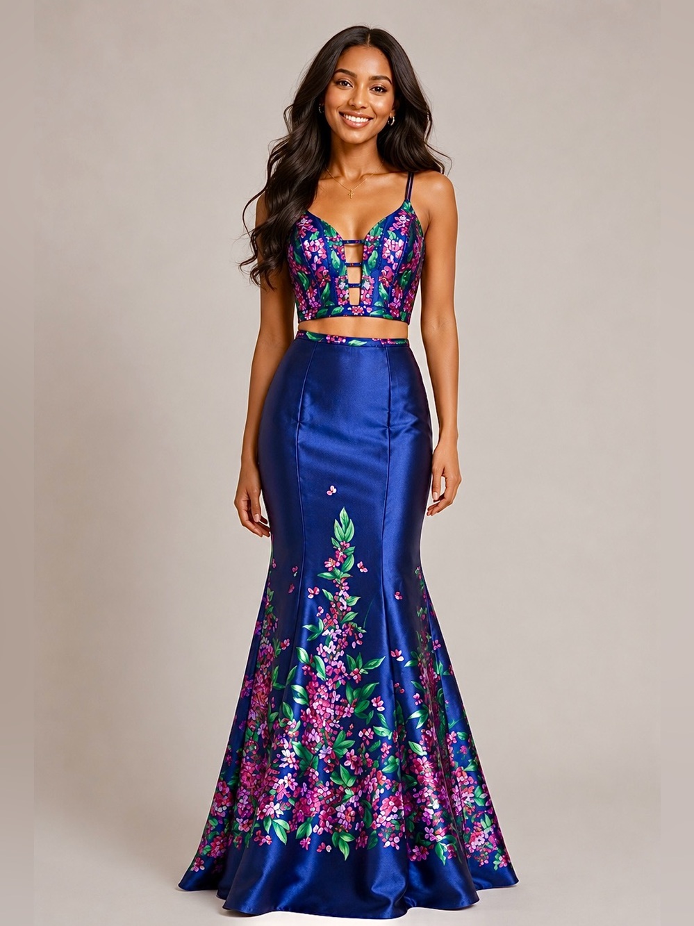 Ellie Wilde Floral Blue 2-Piece Evening Skirt Set Ensemble Prom Pageant Ball M